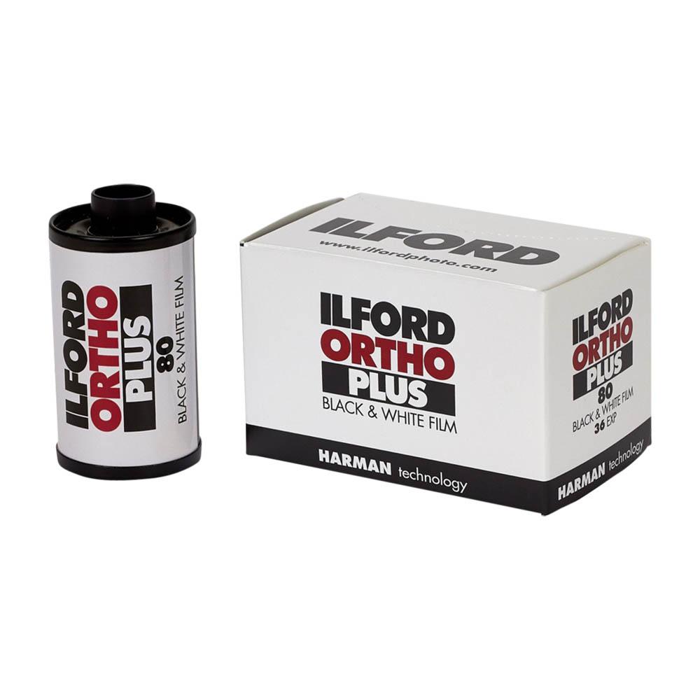 Ilford Ortho Plus 80 135-36 mustavalkofilmirulla ja tuotepakkaus